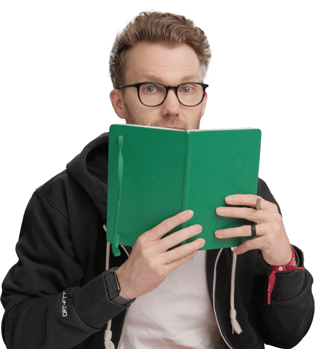 Jason Staats peeking over a green notebook
